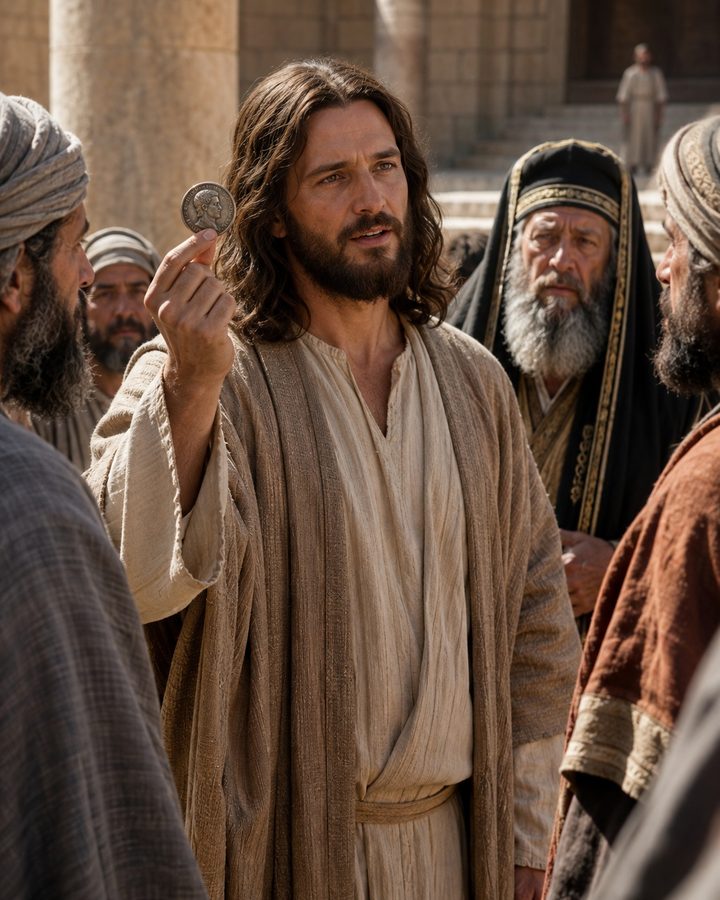 Jesus holding up a Roman coin before the Pharisees and Herodians